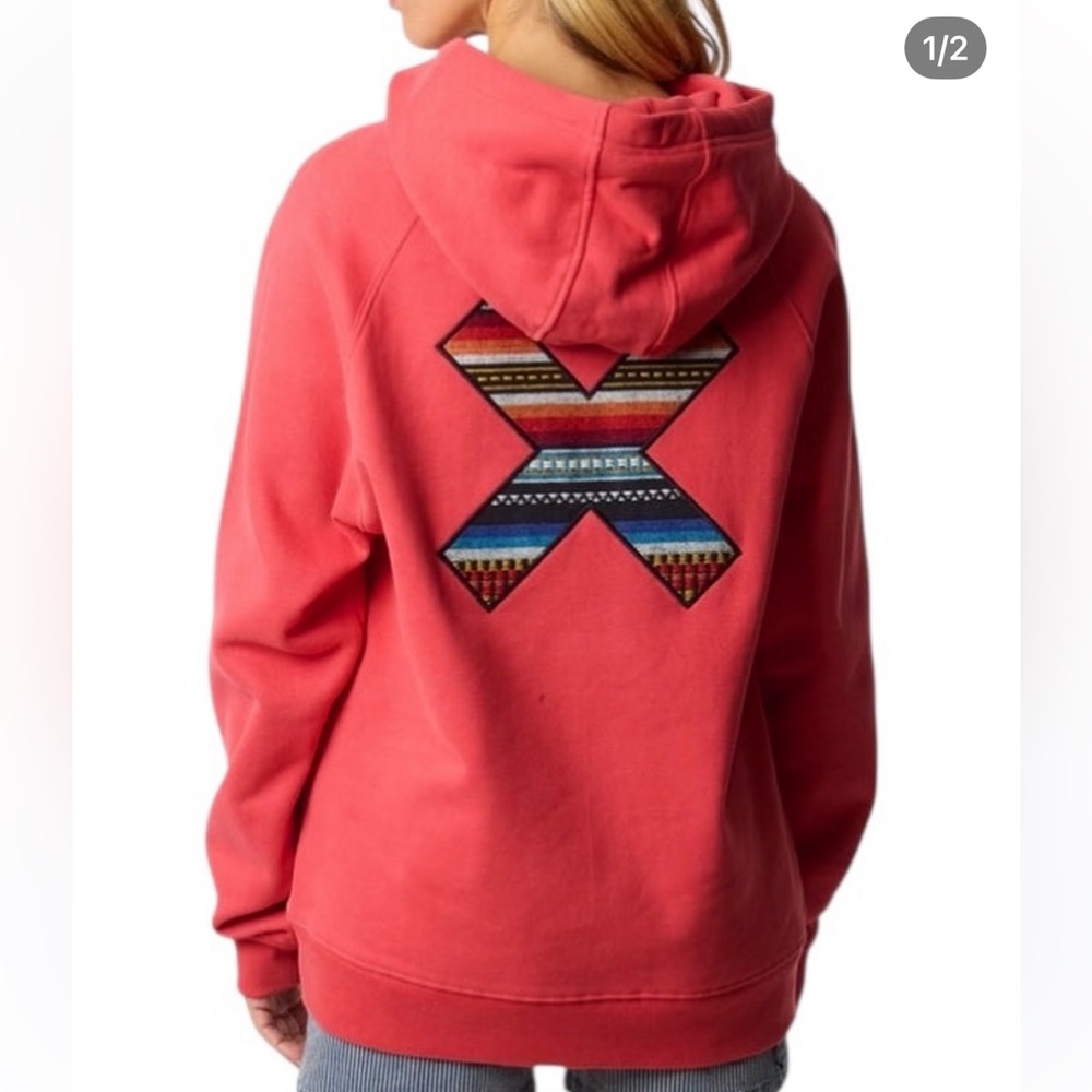 Blue Banana Coral Red Graphic Hoodie with Patterned Embroidered X Design